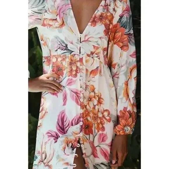 Maaji Luna Maxi Dress Womens Medium Anthropologie Floral Button Front Kimono - Picture 2 of 15